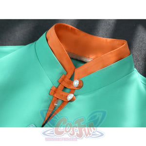 Zhao cosplay costume button detail close-up showing orange collar with decorative fasteners on green jacket
