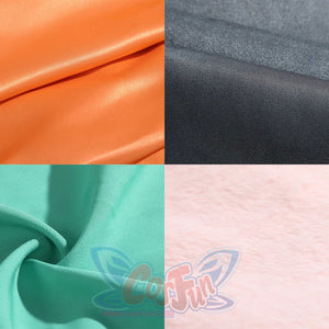 Zhao cosplay costume fabric swatches showing orange satin, gray textured, teal green, and pink fluffy materials used in costume