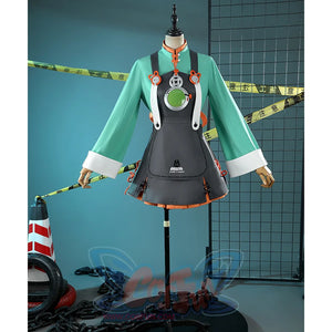 Zhao cosplay costume on mannequin showing green jacket, gray dress, and orange trim details
