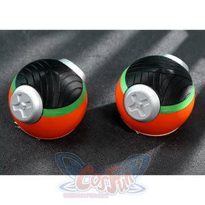 Zhao cosplay costume pair of circular earphone accessories showing black ribbed speakers, white star emblems, orange and green accent rings