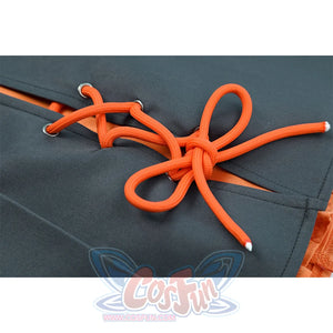 Zhao cosplay costume orange decorative strap showing knotted bow design with white tips on gray skirt fabric