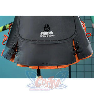 Zhao cosplay costume skirt back view featuring gray fabric with Moon Bunny & Bunny logo, orange trim, pockets, and rope cord accessories