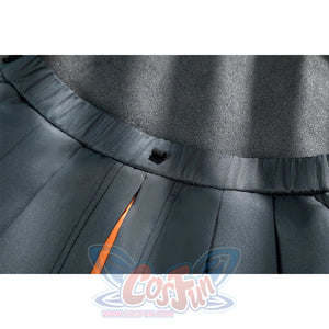 Zhao cosplay costume waist detail showing gray waistband with black decorative button and orange accent trim on skirt pleats