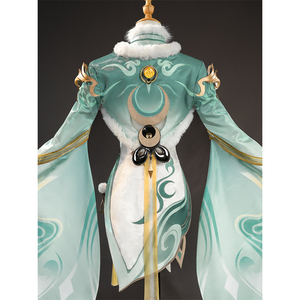 Zibai cosplay costume coat back view with teal sleeves, white fur collar, and crescent moon design