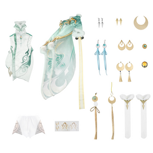 Zibai cosplay costume complete set layout with coat, dress, and all accessories including earrings