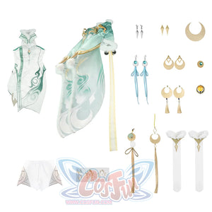 Zibai cosplay costume complete set layout with coat, dress, and all accessories including earrings