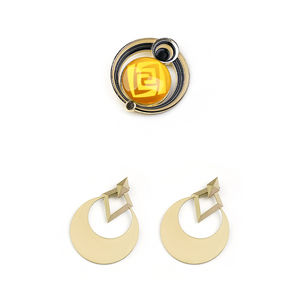 Zibai cosplay costume accessory set with gold brooch, yellow gem, and crescent moon earrings