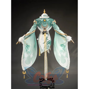 Zibai cosplay costume back view displaying teal sleeves, white center panel, and gold ornaments