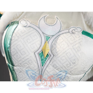 Zibai cosplay costume embroidered chest detail with silver swirls and teal accents on white fabric