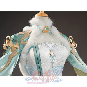Zibai cosplay costume detail showing white quilted bodice, teal coat with gold trim, and fur collar