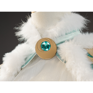 Zibai cosplay costume close-up of white fur collar with gold brooch and turquoise gemstone