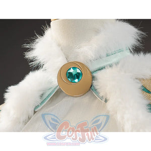 Zibai cosplay costume close-up of white fur collar with gold brooch and turquoise gemstone