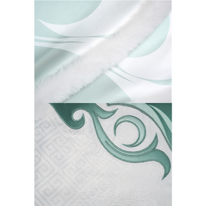 Zibai cosplay costume fabric detail with white base and teal swirl applique design