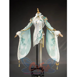 Zibai cosplay costume left side view featuring white bodice with teal sleeves and gold accents