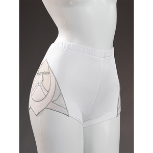 Zibai cosplay costume white legging detail with geometric cutout design and gold accent trim