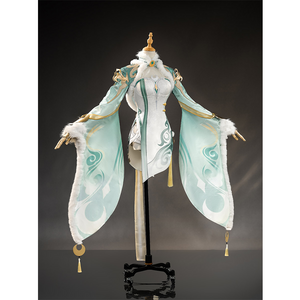 Zibai cosplay costume right side view showcasing teal flowing sleeves and gold tassels