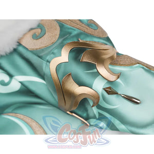 Zibai cosplay costume gold decorative swirls and pin details on teal fabric with embroidery