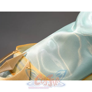 Zibai cosplay costume flowing sleeve fabric in light teal with subtle sheen and gold trim