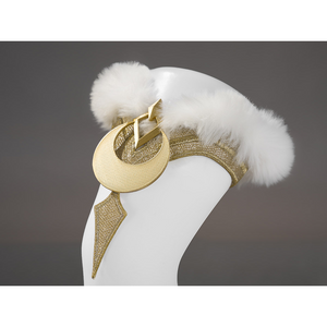 Zibai cosplay costume leg accessory with gold crescent moon, white fur puffs, and gold trim
