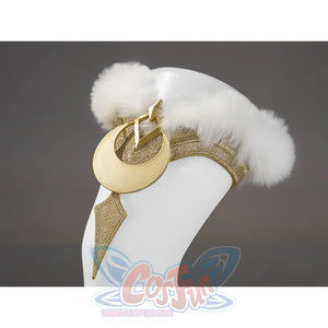 Zibai cosplay costume leg accessory with gold crescent moon, white fur puffs, and gold trim