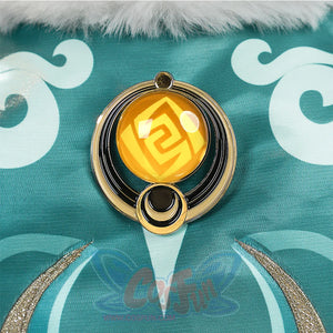 Zibai cosplay costume brooch accessory with gold frame, yellow gem, and swirl symbol on teal