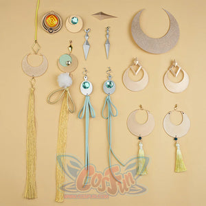 Zibai cosplay costume accessories set including earrings, pendants, tassels, and gold ornaments