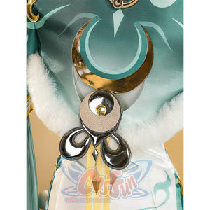 Zibai cosplay costume back ornament featuring gold crescent moon with circular metallic pendants