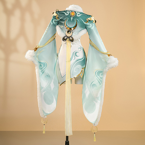 Genshin Impact Zibai cosplay costume back view featuring turquoise cape with cloud patterns and fur trim