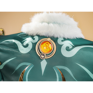 Zibai cosplay costume cape center medallion with golden yellow gem, white fur trim, and cloud motifs