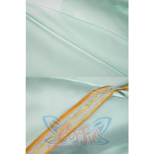 Zibai cosplay costume fabric close-up showing smooth turquoise satin material with gold trim detail
