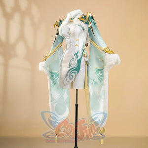 Zibai cosplay costume left side view displaying white bodysuit with turquoise accents and flowing cape