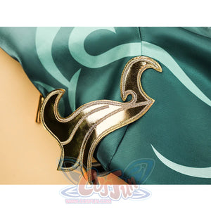 Zibai cosplay costume shoulder accessory with gold metallic trim on turquoise fabric background