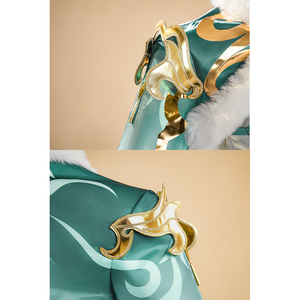 Zibai cosplay costume shoulder armor detail with gold metallic sculptural design on turquoise base
