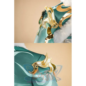 Zibai cosplay costume shoulder armor detail with gold metallic sculptural design on turquoise base