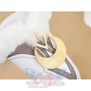 Zibai cosplay costume stocking top detail with gold crescent ornament and white fluffy fur trim