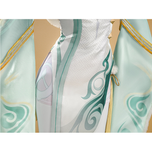 Zibai cosplay costume waist detail showing white patterned fabric with turquoise sash and gold trim