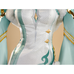 Zibai cosplay costume bodice front view with white patterned design, gold accents, and turquoise trim