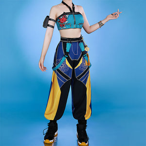 Zoey cosplay costume with Chinese-style color-block design, featuring printed bustier top and stylish jogger pants, trendy and fashionable outfit for cosplay and anime events.