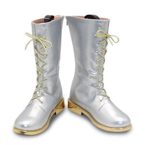 Front display of silver Zoey cosplay boots with gold - tone laces and soles, showcasing the tall, lace - up design.