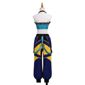 Zoey Cosplay Costume, blue, navy and yellow outfit, creates a vibrant and energetic appearance, back view.