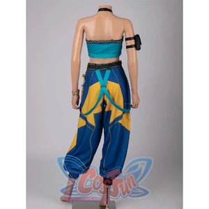Back display of the Zoey cosplay costume, showcasing the top’s back design, pant straps, and arm accessory placement.