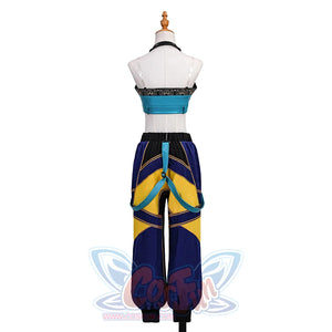 Zoey Cosplay Costume, blue, navy and yellow outfit, creates a vibrant and energetic appearance, back view.