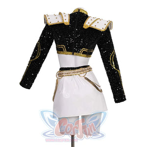 The back view of the Zoey cosplay costume, displaying the black sequined crop top with gold details, shoulder pads, and the white skirt with the decorative belt and chains.
