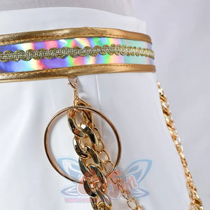 Presents a close - up of the gold chain and ring accents on Zoey’s skirt, highlighting the intricate and glamorous lower body decorations.