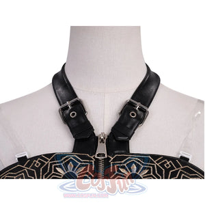 Zoey Cosplay Costume, blue and black cropped top, the collar has a halter neck design.