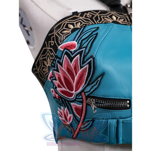 Zoey Cosplay Costume, the right side of the suspender has floral embroidery.