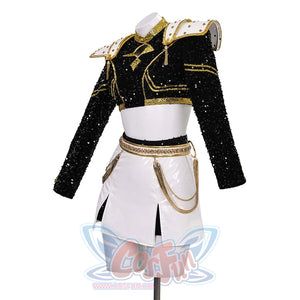 Another front - facing angle of the Zoey cosplay costume, showing the detailed design of the black sequined top, gold patterns, shoulder pads, and the white skirt with gold accessories.
