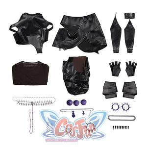 Zoey Cosplay Costume KILLER Black Suit includes undershirt, top, pants, apron, leg warmers, hand armor, gloves, hair accessories, waist chain, shoulder chain, bracelets, earring.