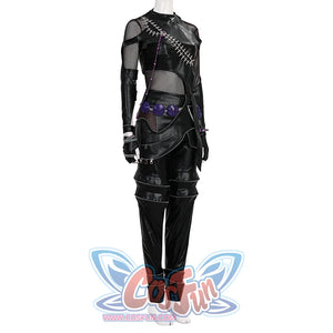 Zoey Cosplay Costume KILLER Black Suit is mainly black, with a mix of PU leather and mesh fabrics, matching PU leather glove cuffs,the top is tight-fitting, metal chain decorations on the shoulders and chest, purple round ornaments and metal chains on the waist, and the pants are also designed, mainly black leather, with zippers and rolled cuffs at the hems.