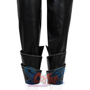 Zoey Cosplay Costume KILLER Black Suit's leg warmers is made by black PU leather with zippers and rolled cuffs at the hems.